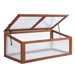 image of Outsunny Square Wooden Greenhouse for Plants Outdoor with Openable & Tilted Top Cover, PC Board, Brown, 100 x 65 x 40cm