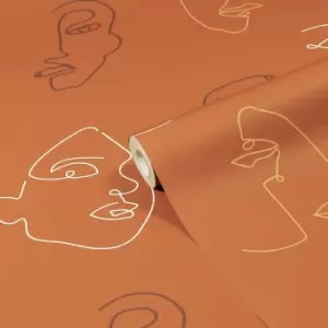 Image of Furn. Kindred Terracotta Orange Abstract Faces Printed Wallpaper