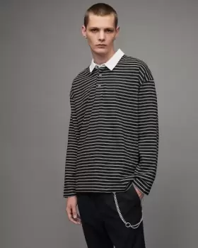 image of AllSaints Ave Long Sleeve Striped Polo Shirt