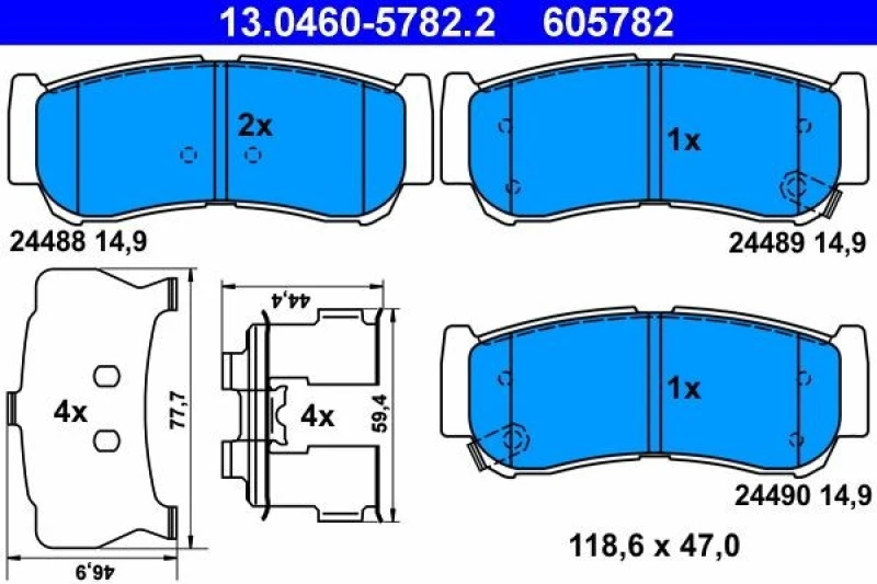 Image of ATE 13.0460-5782.2 Brake pad set with acoustic wear warning, with accessories, with anti-squeak plate Brake Pad Set,disc brake (402)