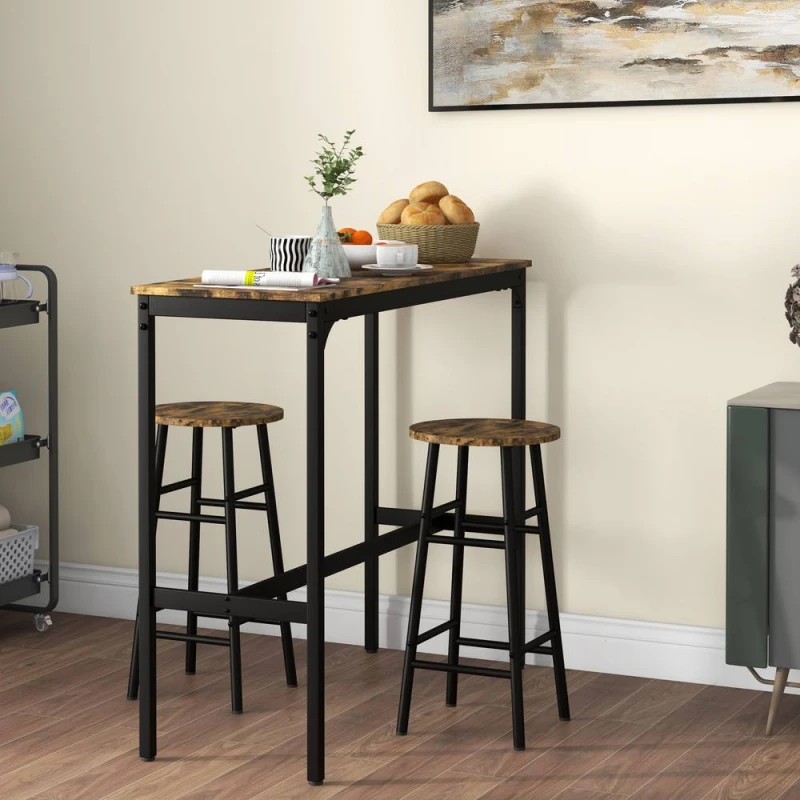 Image of HOMCOM 3 Piece Bar Set, Industrial Kitchen & Chair Set Rustic Brown Brown Unisex