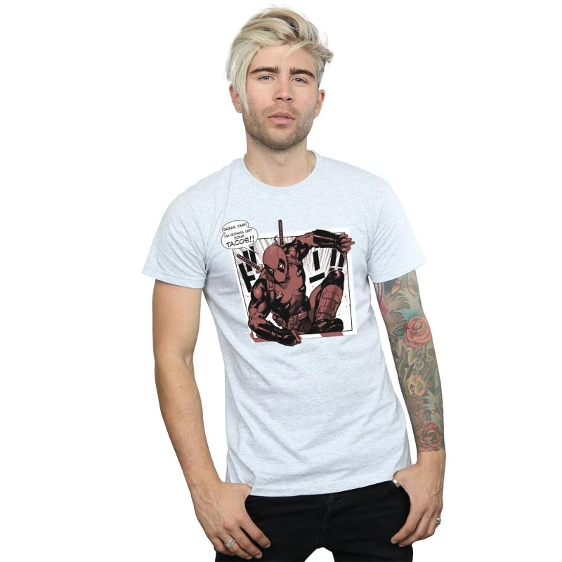 Image of Marvel Marvel Men Deadpool Breaktime Tacos T-Shirt in Grey Size: Small Grey S Male 5057736419564