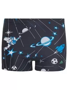 Image of adidas Boys Buzz Lightyear Swim Shorts, Black/Blue/White, Size 5-6 Years