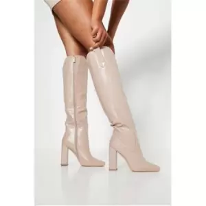 Image of I Saw It First Stone Square Toe Faux Leather Western Style Long Boot - Brown