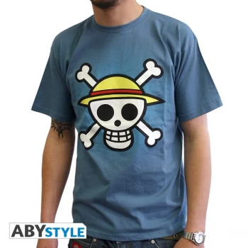Image of One Piece - Skull With Map Mens Large T-Shirt - Blue
