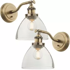 Image of 2 PACK Dimmable LED Wall Light Antique Brass Glass Shade Adjustable Lamp Fitting
