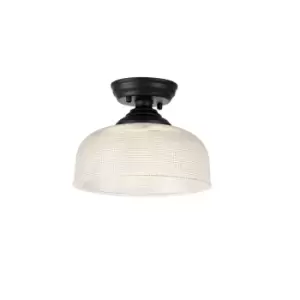 image of Dresden Flush Ceiling Lamp E27 With Round 26.5cm Prismatic Effect Glass Shade Matt Black, Clear