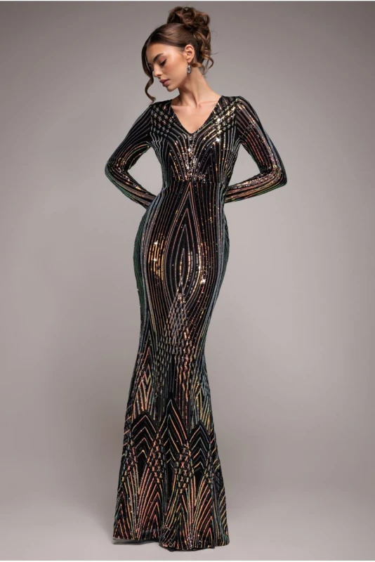 Image of Goddiva Womens Two Toned V Neck Sequin Maxi in Black Size: 10 Black Female 10
