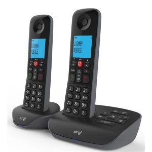 image of BT Essential Cordless Telephone Backlit Display Speaker Answering Machine Nuisance Call blocking Black Twin Pack