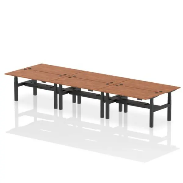 Image of Air Air Back-to-Back 1600 x 800mm Height Adjustable 6 Person Bench Desk Walnut Top with Cable Ports Black Frame HASCP6P16800WNTB