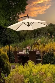 Image of Cream LED Cantilever Parasol 3m Banana Hanging Umbrella Garden Sun Shade Canopy Patio Outdoor 360 Rotation Tilt uv Protection Winding Crank 24 Solar