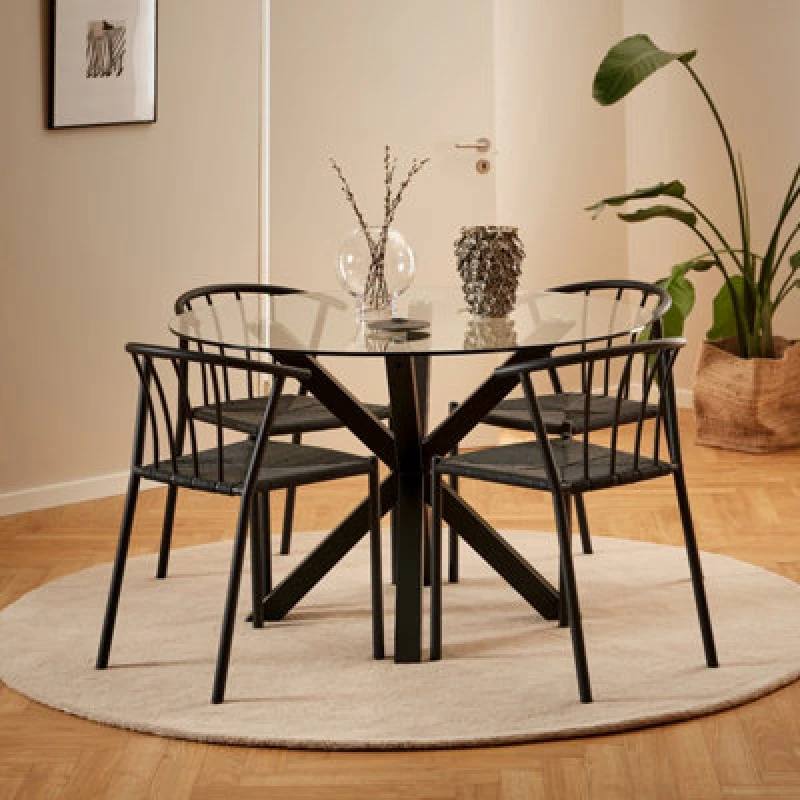 Image of Furniture To Go Heaven Round Dining Table With Clear Glass Top And Black Legs (L) 119Cm Seats Up To 4