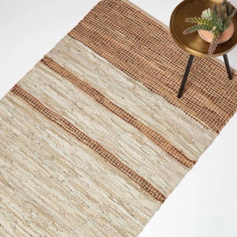Image of Homescapes Brown Recycled Leather Handwoven Stripe Rug, 120 X 170 Cm