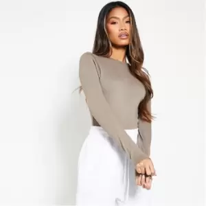 Image of I Saw It First Cotton Rib Crew Neck Long Sleeve Bodysuit - Brown