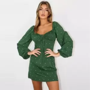 Missguided Long Sleeve Tie Bust Milkmaid Dress - Green