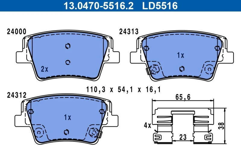 Image of ATE 13.0470-5516.2 Brake pad set Ceramic with acoustic wear warning, with accessories Brake Pad Set,disc brake (402)