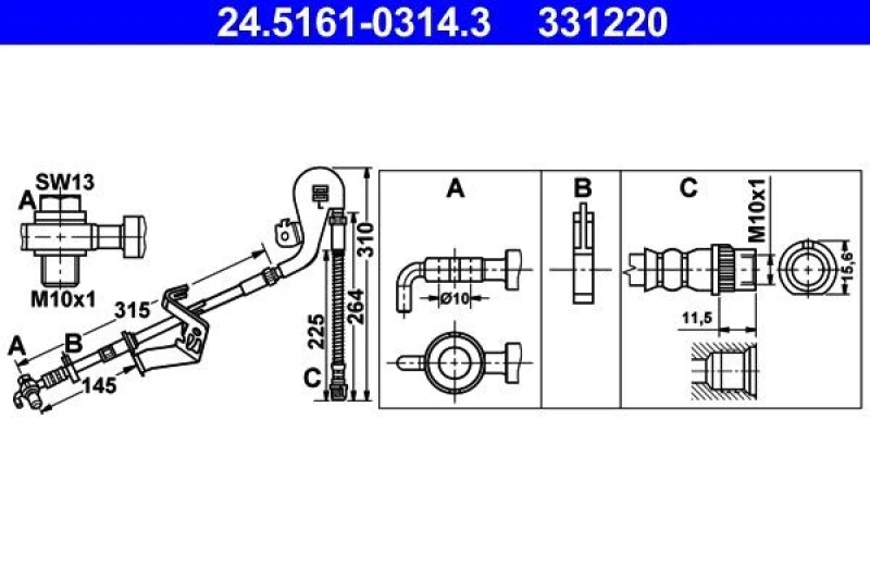 Image of ATE 24.5161-0314.3 Brake Hose with banjo bolt, with pipe Brake Hose (83)
