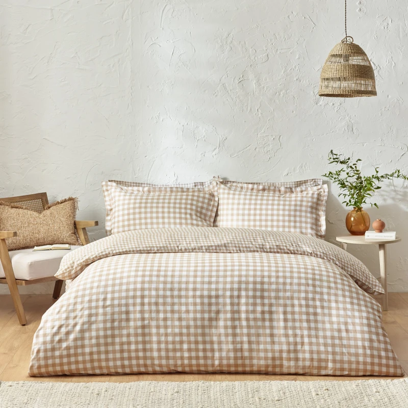 Image of Barton Check Reversible Duvet Cover Bedding Set Biscuit