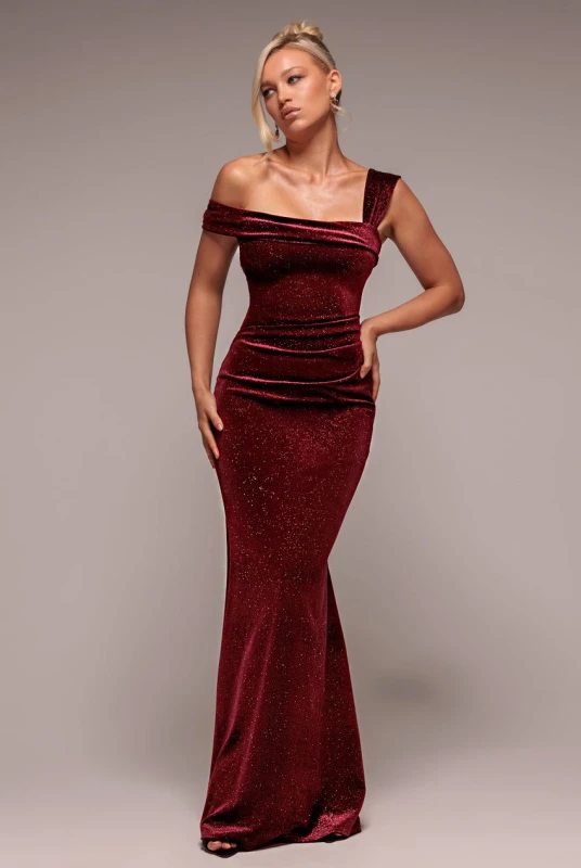 Image of Goddiva Womens Glitter Polka Dot Velvet One Shoulder Maxi Dress in Wine Size: 10 Wine Female 10