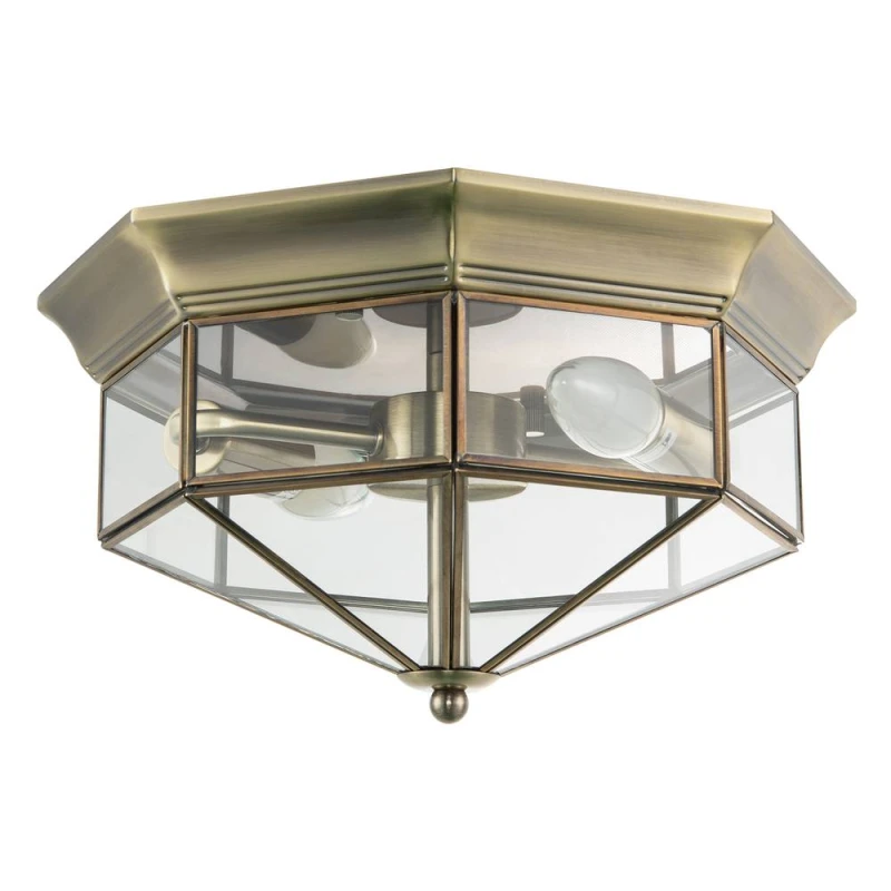 Image of Happy Homewares Classic Flush Ceiling Light in Antique Brass with Clear Glass Panels in Metallic Gold Metallic Gold Unisex