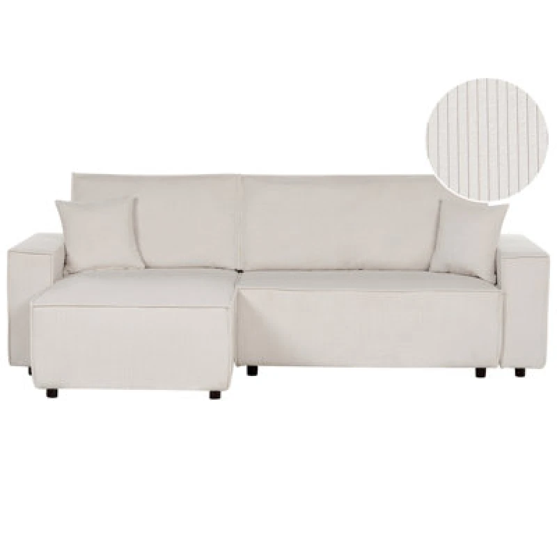 Image of Beliani Corner Sofa Bed 3 Seater Abacka Corduroy Off-White Right Hand