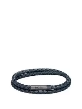 Image of BOSS Gents BOSS Ares Navy Blue Double Wrap Leather Bracelet, Blue, Men