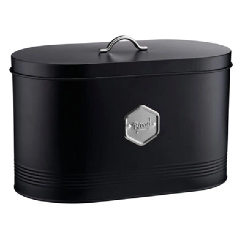 Image of Cooks Professional Bread Bin - Modern Kitchen Countertop Labelled Metal Storage Canister Breathable Container - Black & Silver