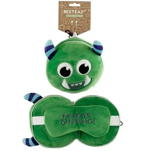 image of Relaxeazzz Plush Green Monstarz Monster Round Travel Pillow & Eye Mask