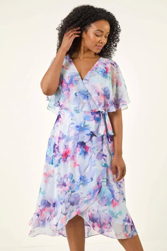 Image of Roman Womens Petite Floral Tie Front Cape Dress in Blue Size: 14 Blue Female 14