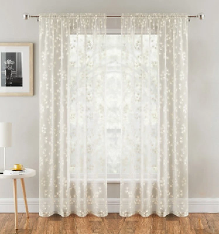 Image of Tyrone Textiles Delila Cream Leaf Print Voile Panel - Pair 140 X 122Cm (55X48")