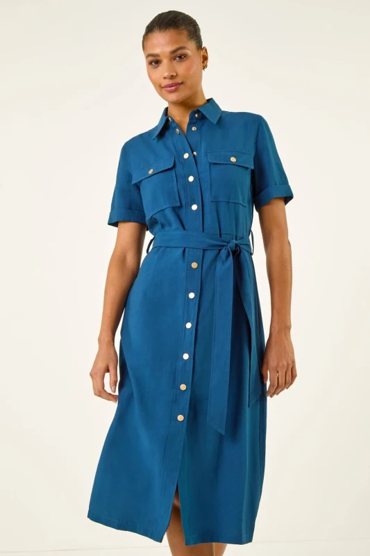 Image of Roman Womens Button Belted Collared Shirt Dress in Navy Size: 18 Navy Female 18