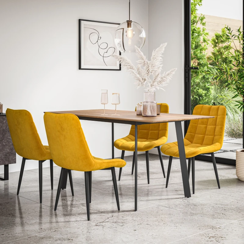 Image of More4Homes Haydon Extending Dining Table + Chairs- Oak Effect Table Top W Black Legs + Nova Velvet Dining Chair Set Of 4 (Mustard)