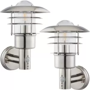 image of 2 PACK IP44 Outdoor Wall Lamp Stainless Steel Caged Glass PIR Lantern Over Light