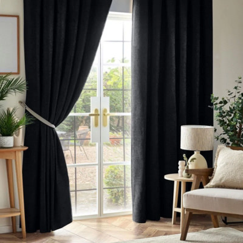Image of Luxury Living Chenille Blackout Pencil Pleat Top Curtains 117Cm X 137Cm Black