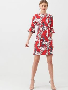 image of Oasis Florence Floral Flute Sleeve Shift Dress, Multi Red, Size 6, Women