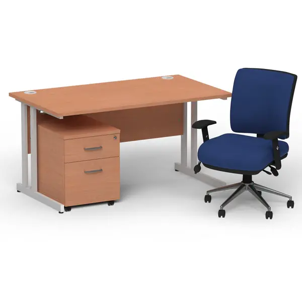 Image of Dynamic Office Solutions Impulse 1400mm Cantilever Straight Desk With Mobile Pedestal and Chiro Medium Back Blue Operator Chair BUND1109