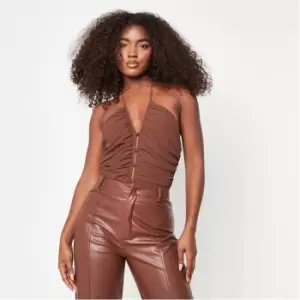 Missguided Halterneck Mesh Button Front Bodysuit - Brown