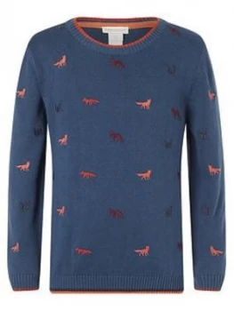 Image of Monsoon Boys Fox Embroidered Organic Knitted Jumper - Teal, Size Age: 6-12 Months