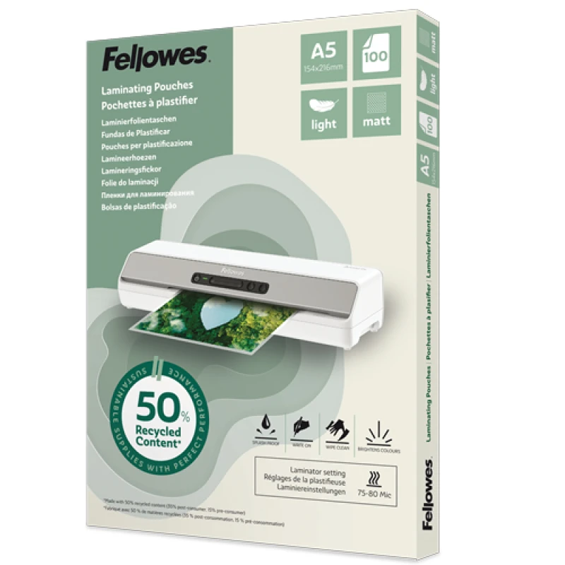 Image of Fellowes Fellowes Recycled Laminating Pouches 80 Micron A5 Matt (Pack of 100) 100143437 100143437