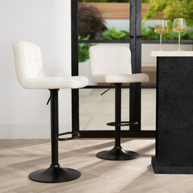 Image of OHS OHS Bar Stools x 2 Backs Kitchen Chair Swivel Breakfast Boucle Pub Seat Adjustable in Cream Cream One Size Unisex 5027434198566