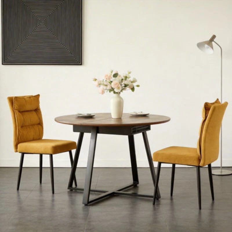 Image of 3 Piece Dining Set, Expandable Round Dining Table With 2 Chairs- Brown