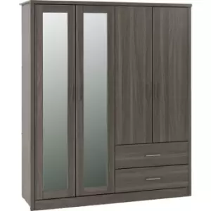 image of Seconique - Lisbon 4 Door Mirrored Wardrobe in Black Wood Grain Finish