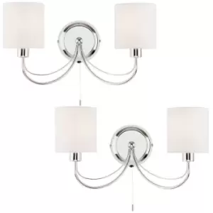 image of 2 PACK Dimmable Twin Wall Light Chrome & White Shade Curved Arm Lamp Fitting