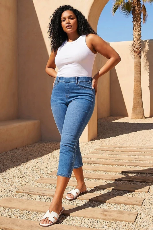 Image of Roman Womens Curve Elastic Waist Cropped Denim Jeggings in Mid Blue Size: 20 Mid Blue Female 20
