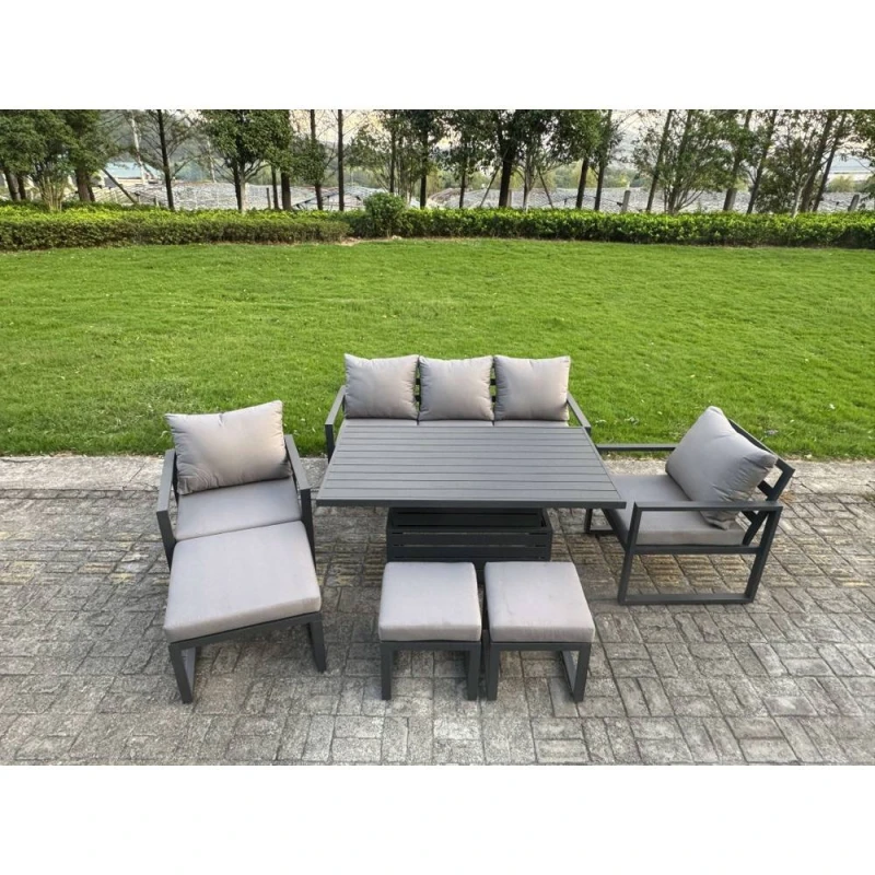 Image of Fimous Aluminum 8-Seater Sofa Set with Lifting Table, 2 Chairs & 3 Footstools in Dark Grey Dark Grey Unisex