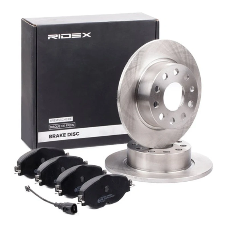 Image of RIDEX 3405B1050 Brake disc and pads set Rear Axle, Brake Disc Type: Solid, incl. wear warning contact Brake Set,disc brakes (3405)