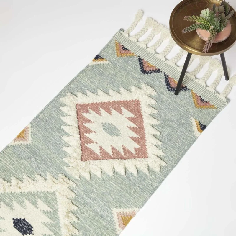 Image of Homescapes Tenali Blue Kilim Runner Wool Rug 66 x 200cm Size: 66cm x 200cm Blue Unisex 66cm x 200 cm