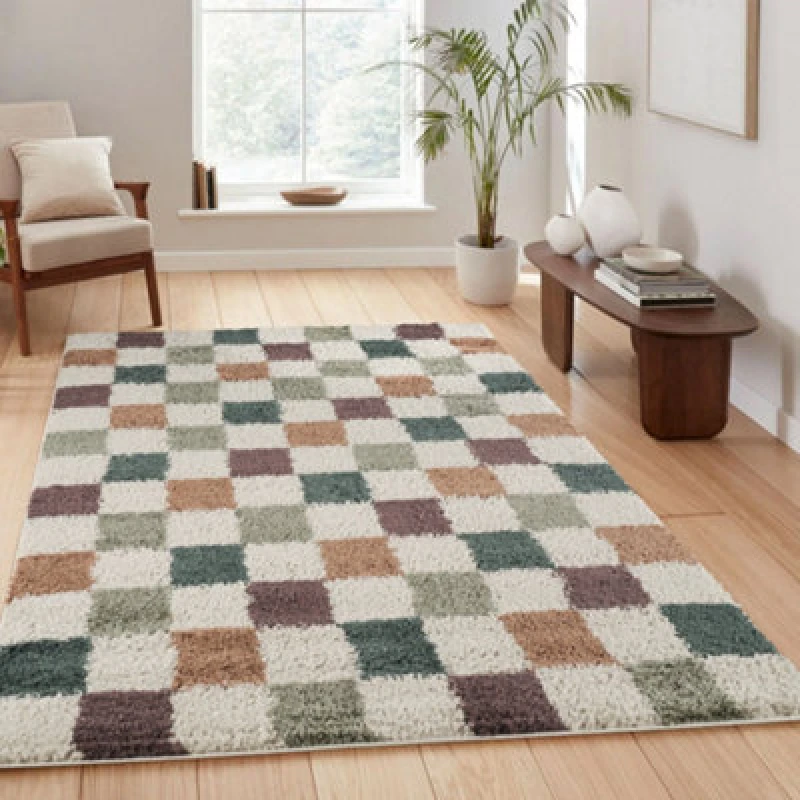 Image of Chester Living Room Shaggy Area Rug Modern - Contemporary Checkered Design - Hallway Runner Indoor Rug Multi 200X290 Cm