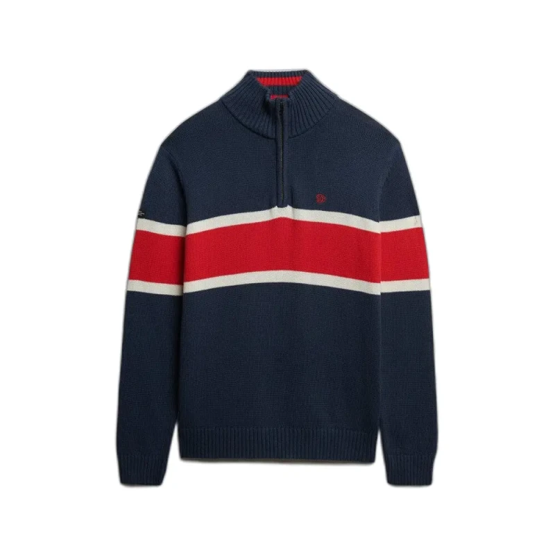 Image of Superdry Striped trucker sweater in cotton knit Superdry Bleu Male M