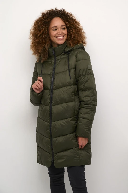 Image of Kaffe Womens Susanne Hooded Zipper Puffer Coat in Dark Olive Size: 14 Dark Olive Female 14